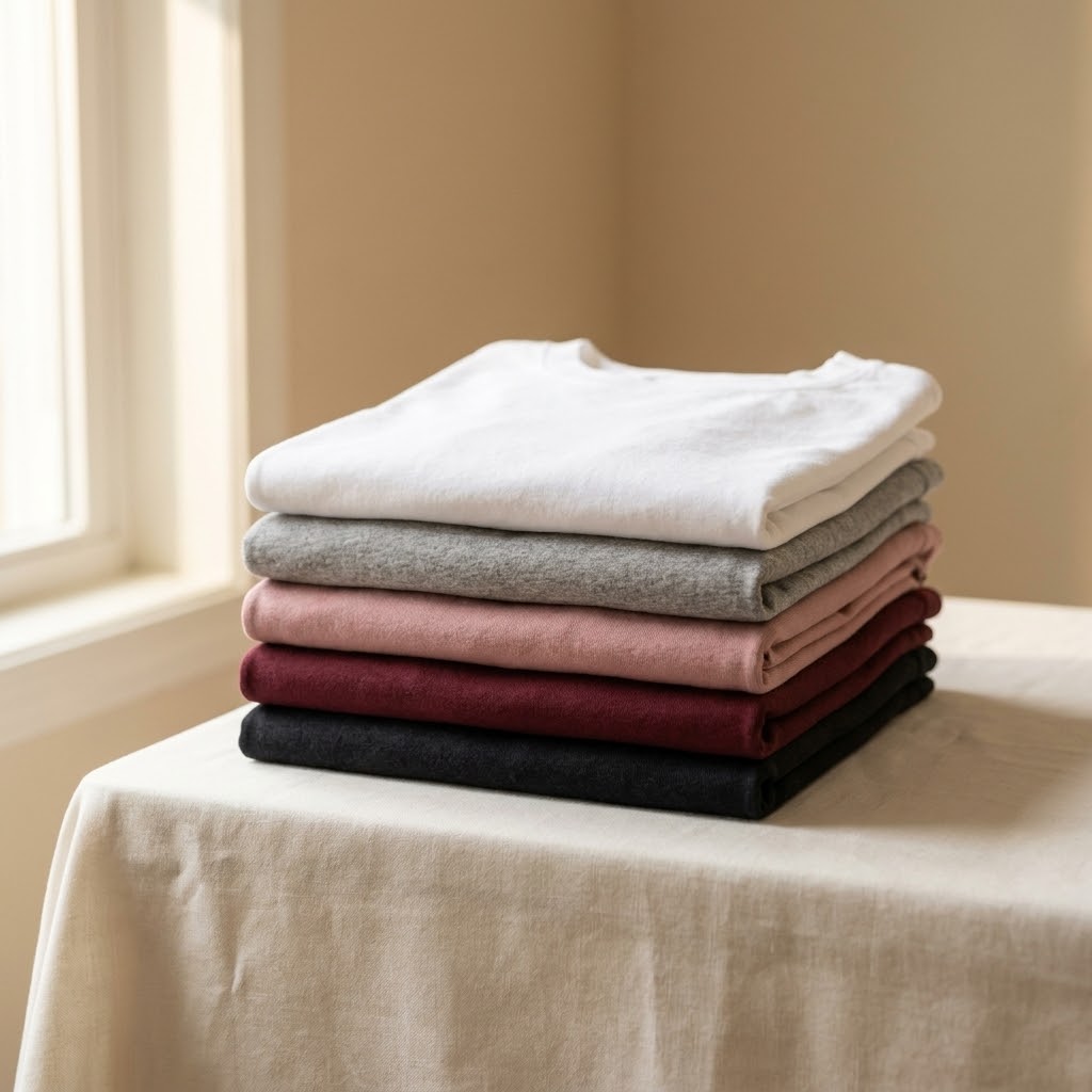Stack of folded RHAB long-sleeve tees in cream white, grey, pink, burgundy and black